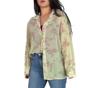 Rena Rowan Green Sheer Button Down Floral Blouse